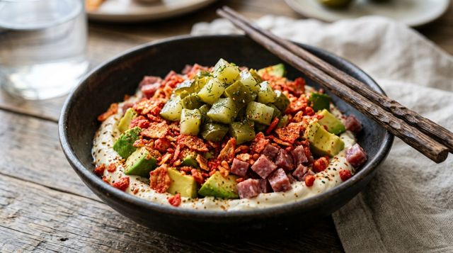 Pickle poke bowl with toppings
